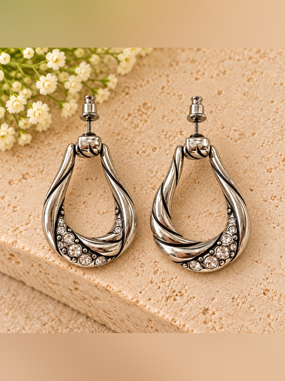 Brighton Vintage Retired Twisted Hoop Earrings Swarovski Crystal Pave Post OS